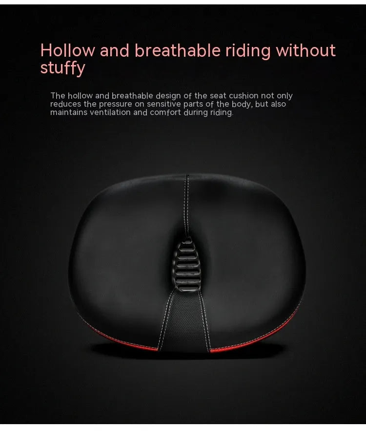 Thickened plus size mountain bike saddle in red, grey, or light brown with shock absorber and reflective stickers.