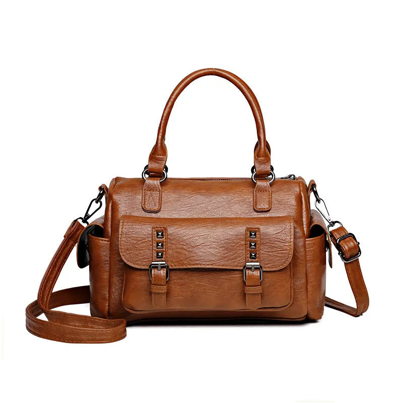 Horizontal square vintage messenger bag in PU leather with contrast stitching, shown in multiple colours.