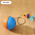 Automatic cat toy mouse teaser ball with plush mouse in blue orange and dark gray on floor