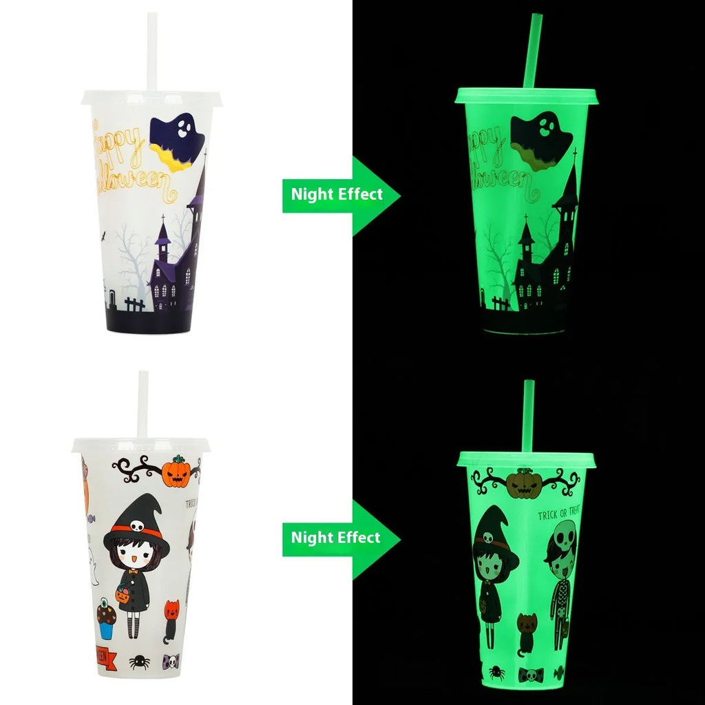 720ml colourful plastic Halloween sippy cup with a straw on a table.