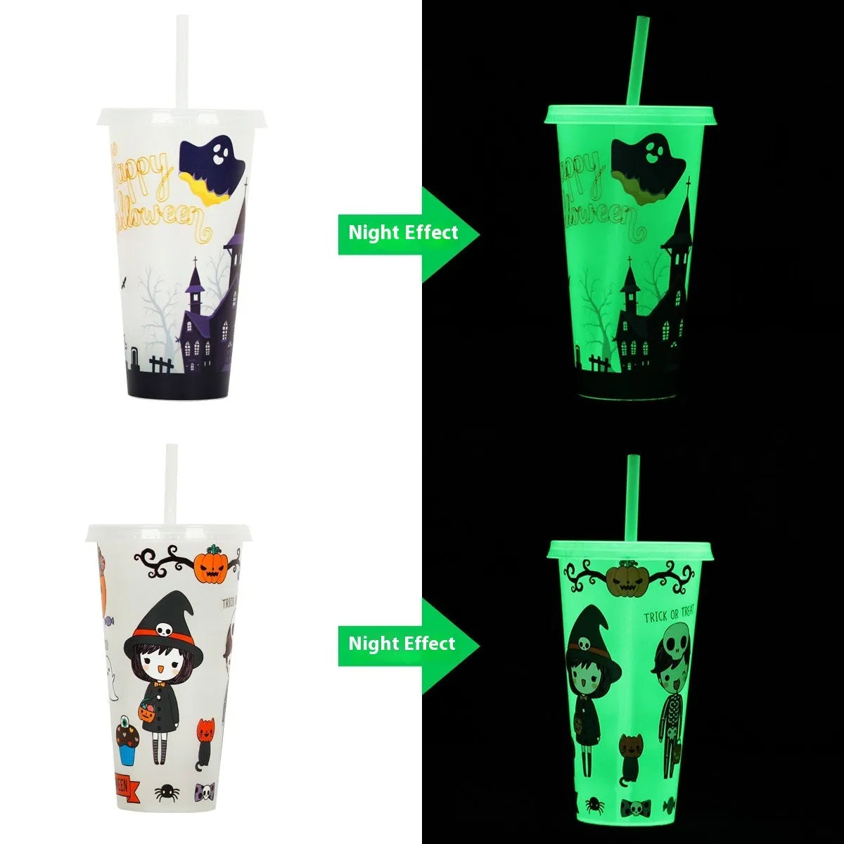 720ml colourful plastic Halloween sippy cup with a straw on a table.