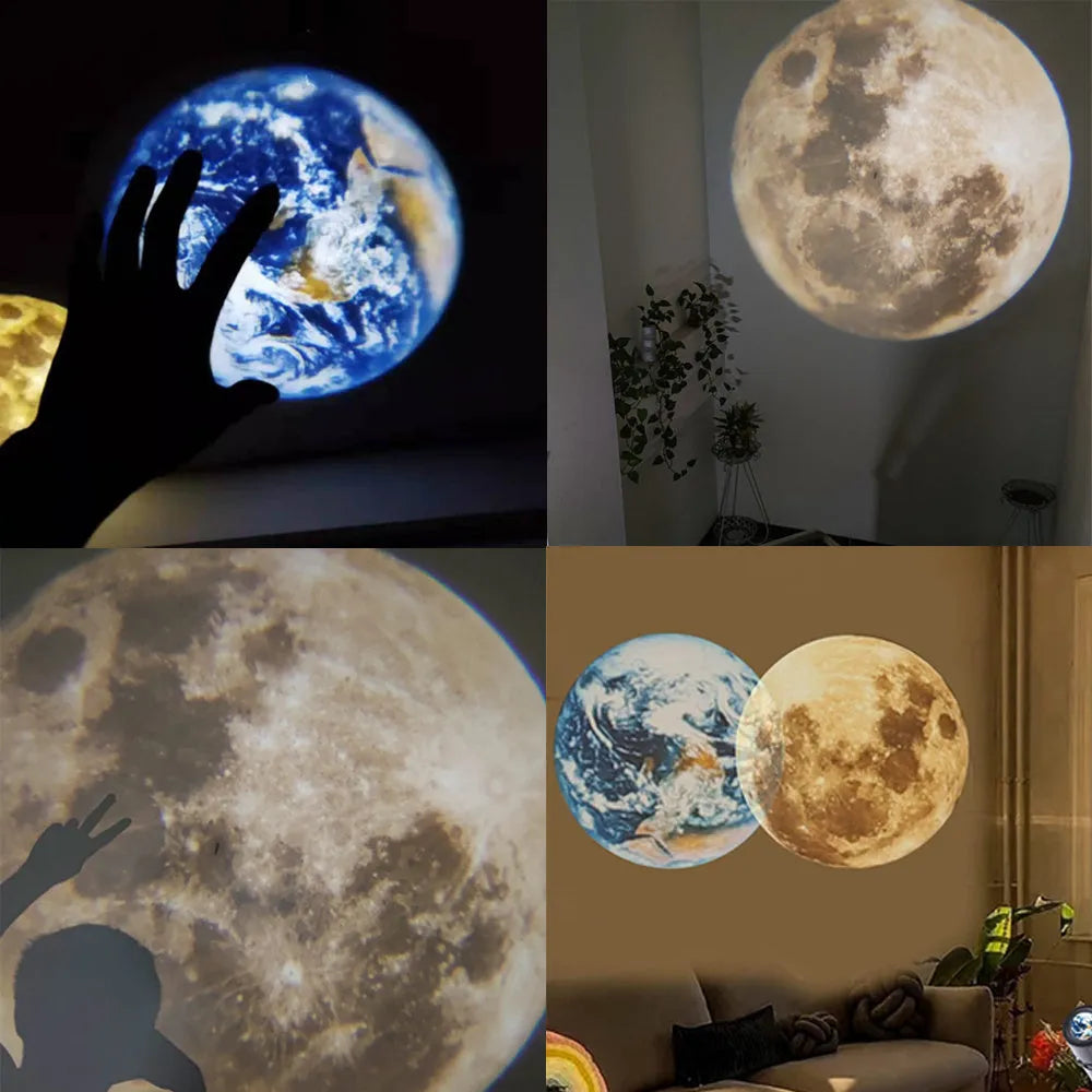 Earth and Moon projection lamp with flexible hose bracket on a bedside table