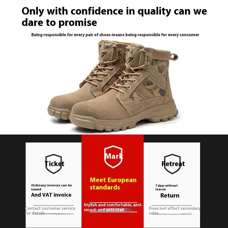 Khaki suede combat boots with steel toe cap and front lace-up closure on outdoor ground