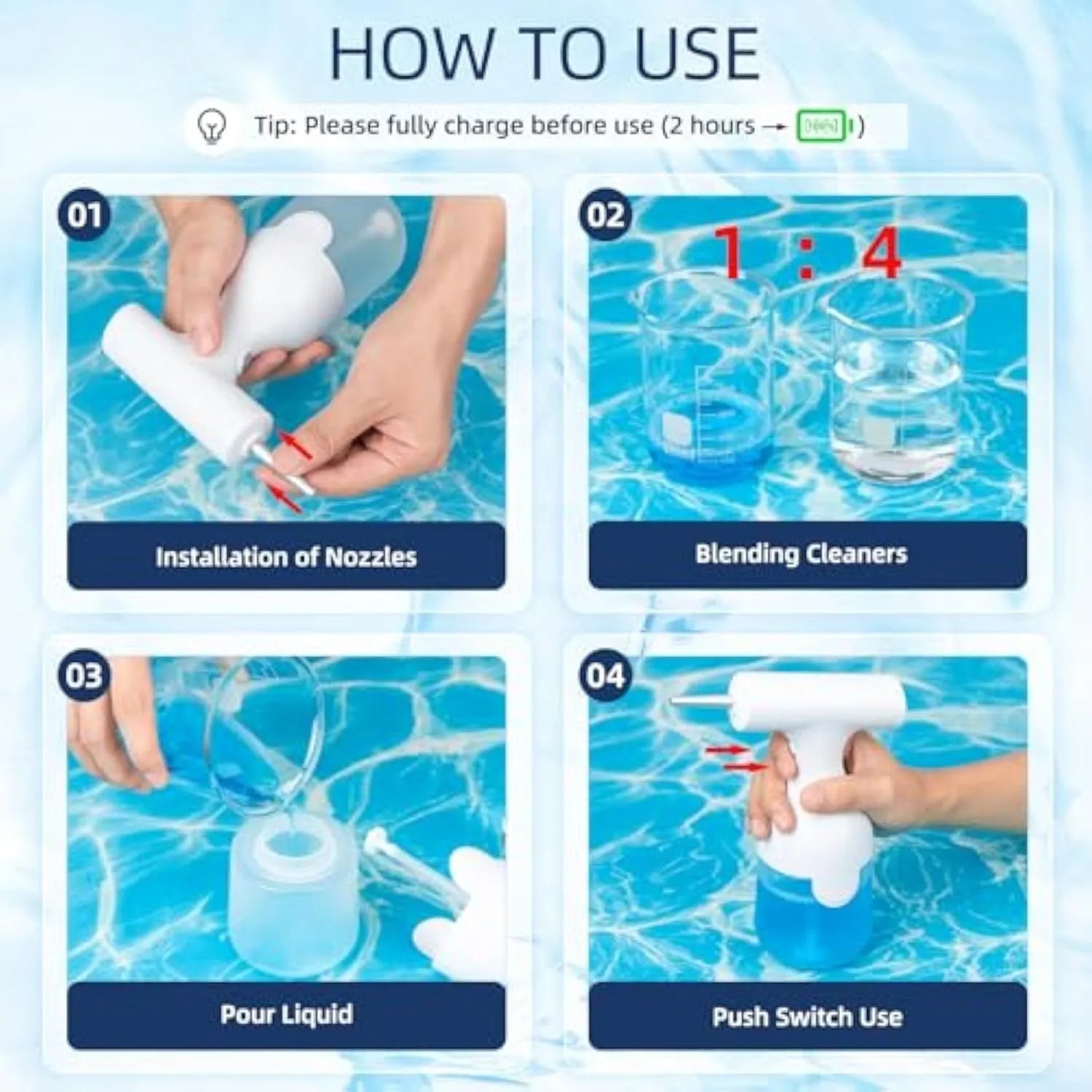 White electric foam soap dispenser with USB charging cable and two nozzles for pet bath and cleaning