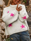 White women's turtleneck pullover sweater with star pattern in thick polyester imitation velvet fabric