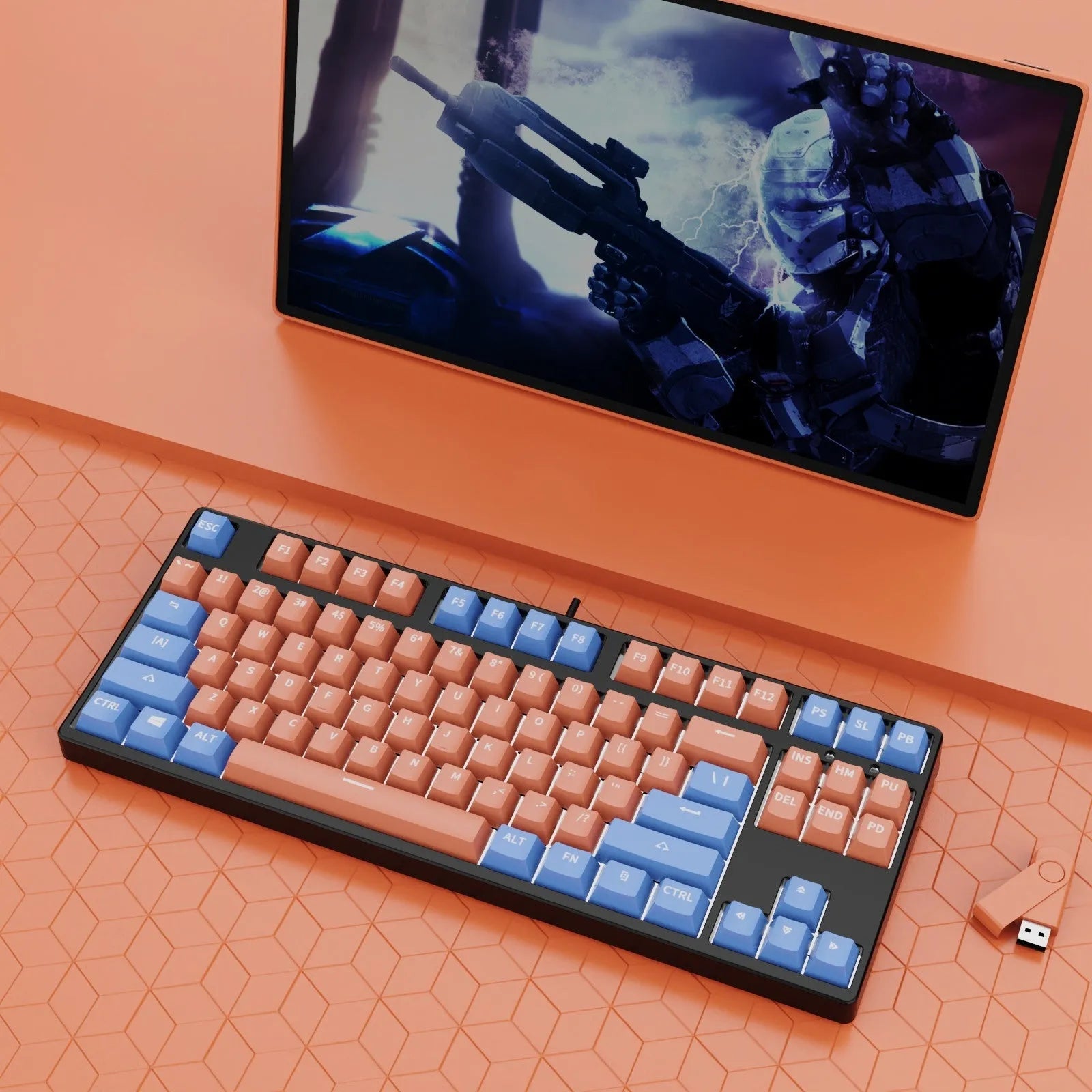 87-key wired mechanical gaming keyboard with colourful keycaps on a metal frame, shown with key puller and cable.