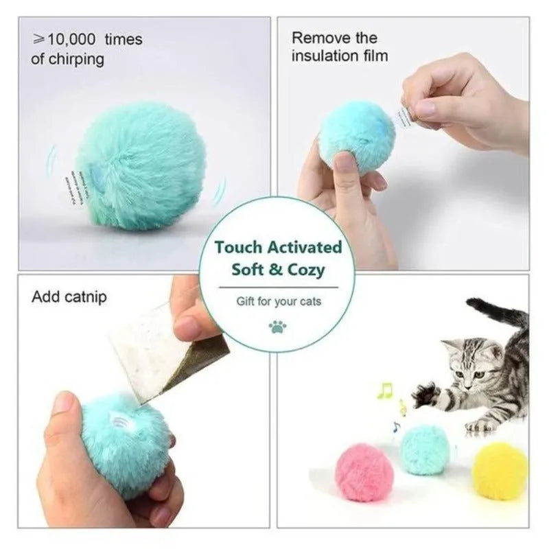 Interactive cat toy ball in blue, pink, or yellow colours with 55mm diameter and smart trigger for animal sounds