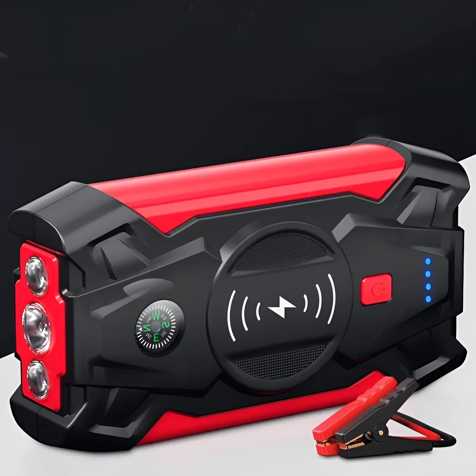 Red car emergency jump starter with digital display showing 39800W power and compact 190x90x45mm dimensions