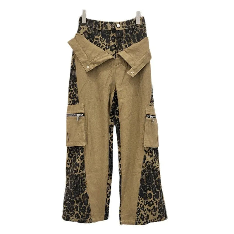 Dark khaki leopard print high-waist women's jeans with straight leg and retro tooling style details.