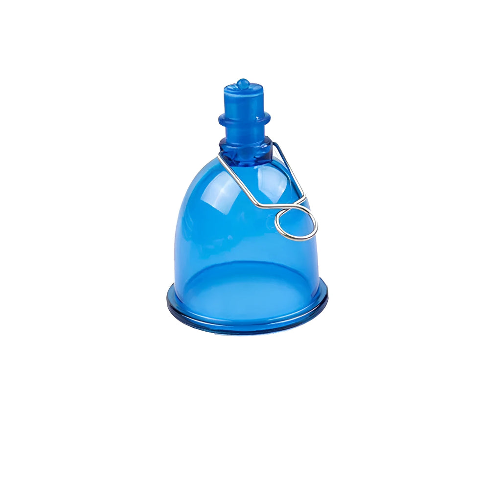 Blue silicone male physical stretch exerciser showing small, medium, and large size options.