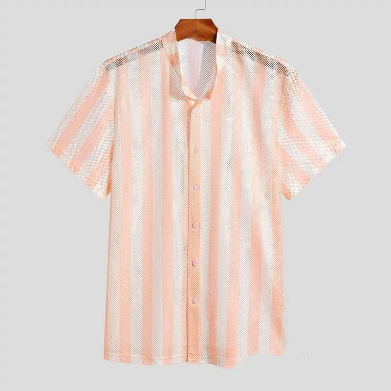 Men's pink waffle knit loose cardigan shirt with short sleeves for summer casual wear