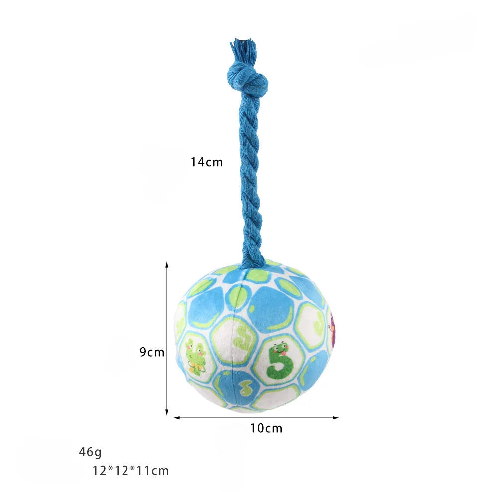 Blue dog elastic football tug of war ball made from cotton rope with bright cartoon design