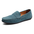 Men's suede casual slip-on shoes in black with round toe and flat rubber sole.