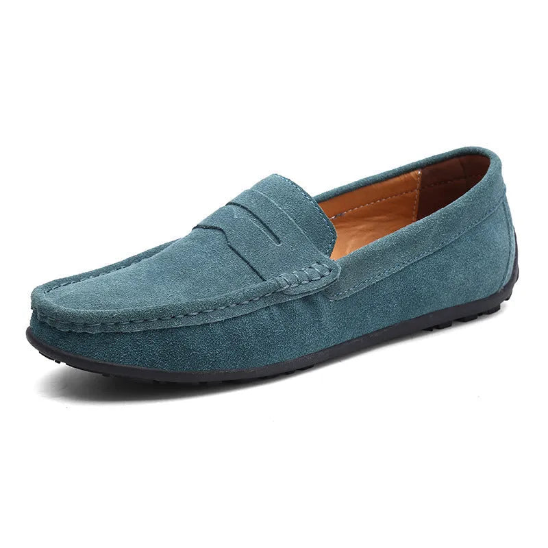 Men's suede casual slip-on shoes in black with round toe and flat rubber sole.