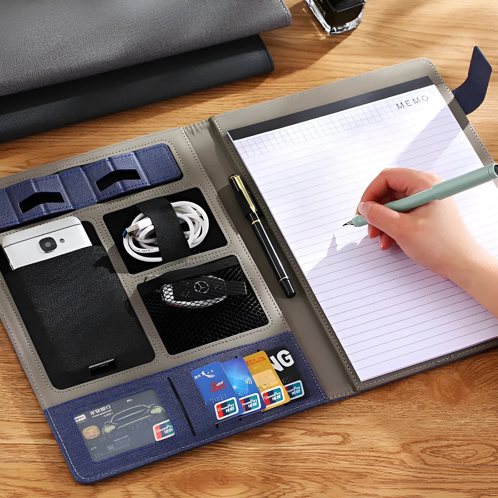 Leather A4 business folder in black, grey or blue with document storage and accessory options