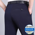 Man wearing dark blue straight-leg mulberry silk blend suit trousers with a high waist.