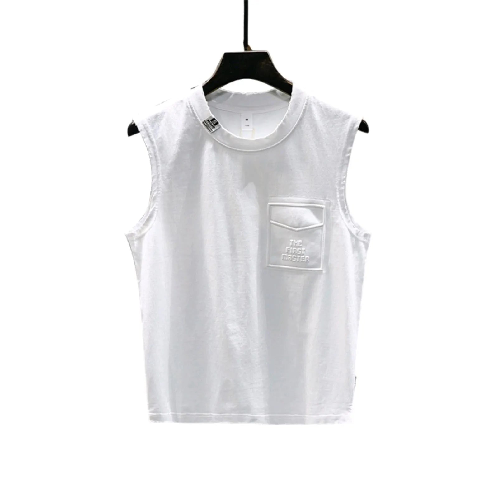 A white loose-fit cotton sleeveless t-shirt with a straight hem, laid flat.