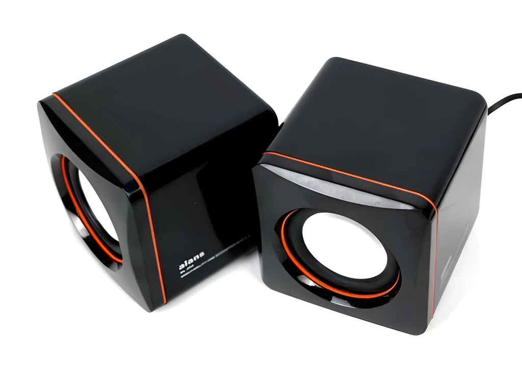 Black square USB-powered 2.0 computer speakers for desktop and laptop audio
