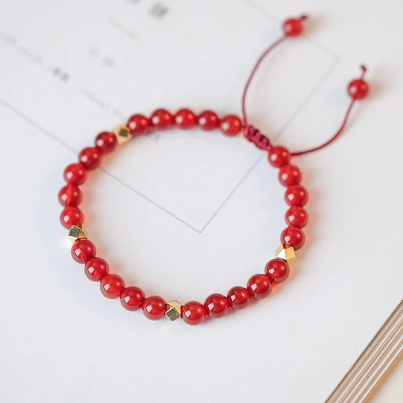 Natural red agate diamond beads hand-woven bracelet unisex ethnic style with lucky bag charm