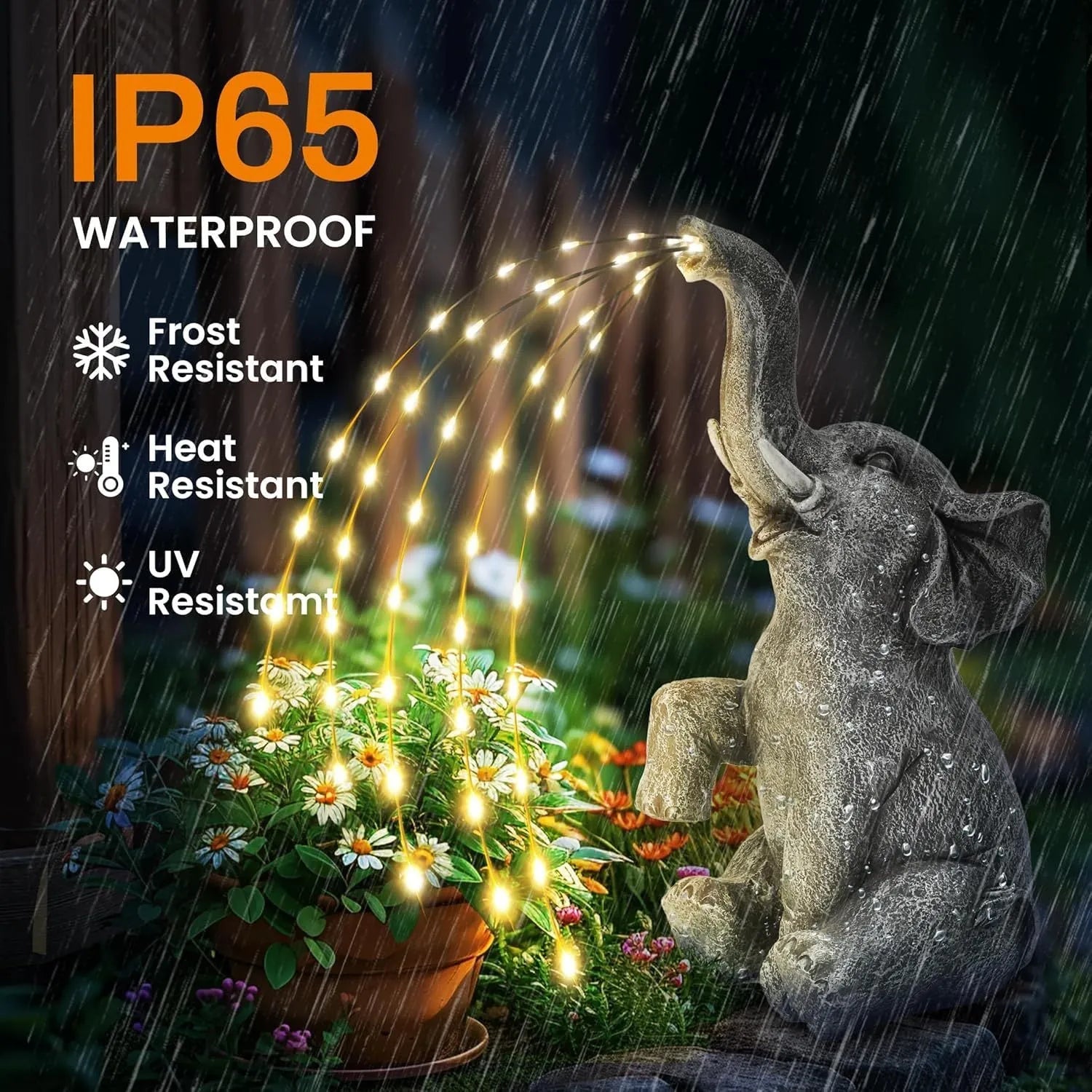 Resin elephant garden sculpture with integrated LED lighting for outdoor decoration