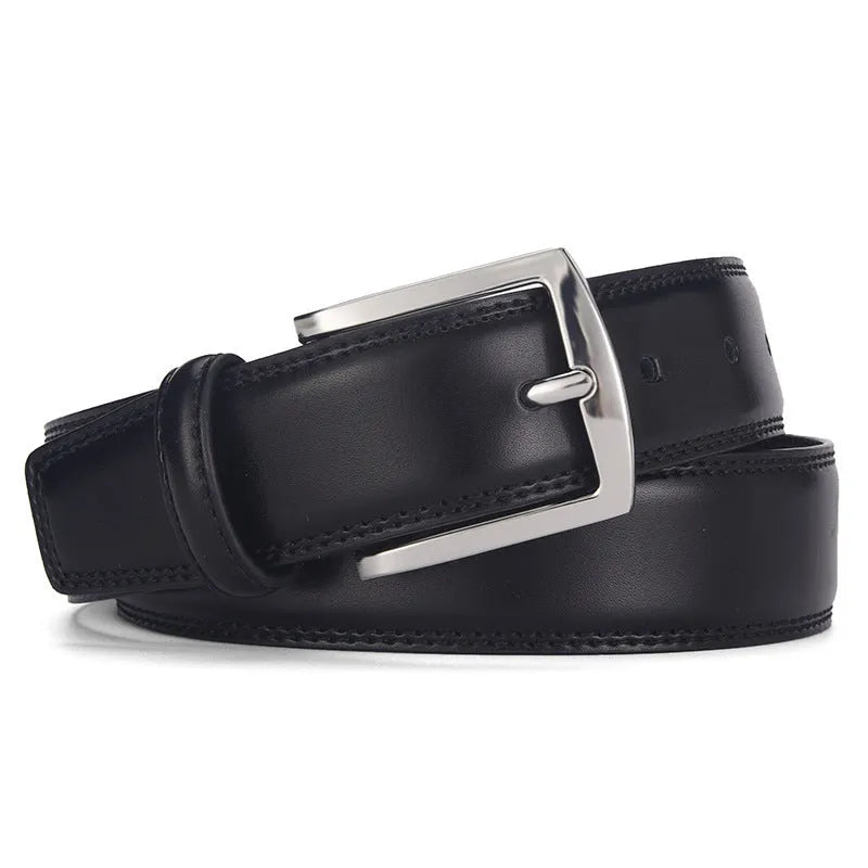 Men's black genuine leather belt with a silver alloy pin buckle on a trouser waistband