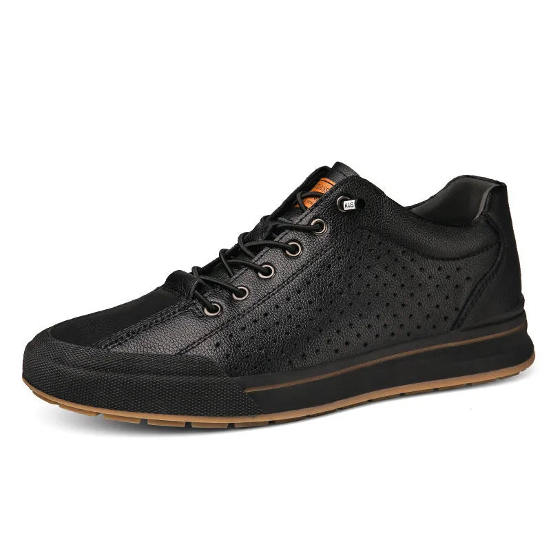 Men's white matte leather casual shoes with flat heel and round toe on a plain background