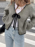 Lace-up cardigan in grey with crocheted flowers, loose fit, long sleeves, polyester fabric