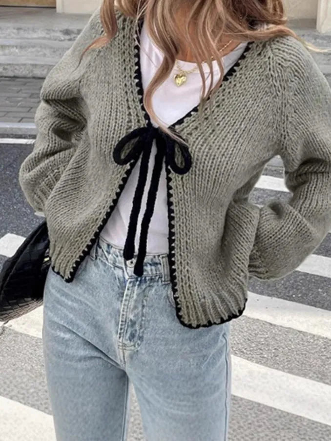 Lace-up cardigan in grey with crocheted flowers, loose fit, long sleeves, polyester fabric