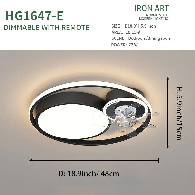 48cm Nordic style ceiling fan light with metal blades and acrylic lampshade in black or gold finish.