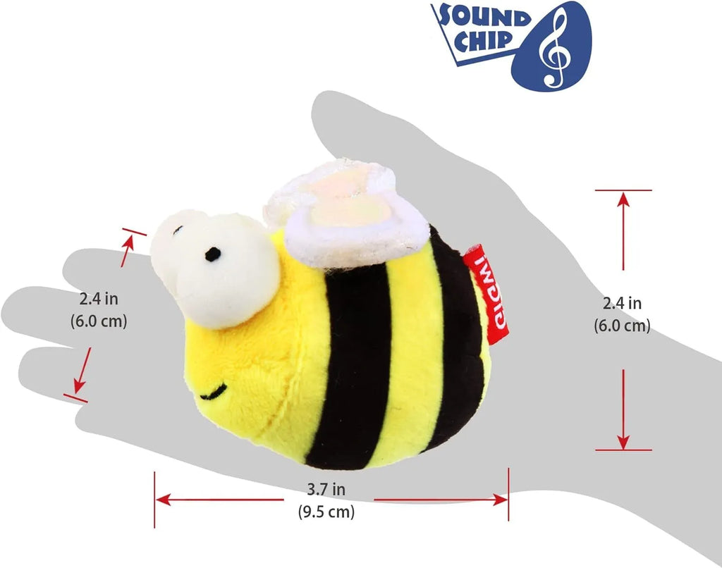 Yellow bee-shaped flannelette cat toy with motion-activated electronic squeak.