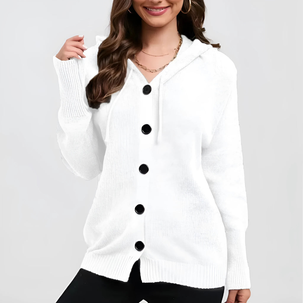 Women's thick cotton hooded cardigan in a loose fit, shown in a solid colour with a single-breasted front.