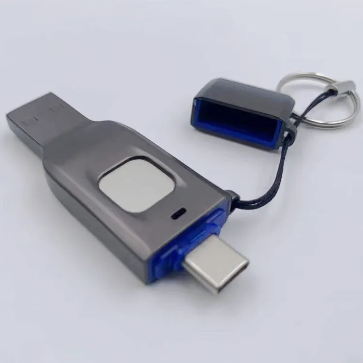 Fingerprint-protected USB flash drive with USB 3.0 and USB-C connectors in metal shell