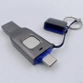 Fingerprint-protected USB flash drive with USB 3.0 and USB-C connectors in metal shell