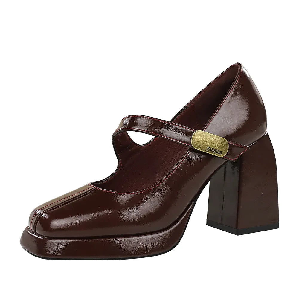 Retro high heel sandals with metal buckle strap, platform sole, square toe, in anchor red colour