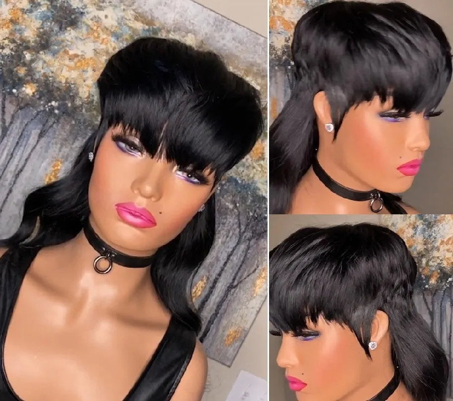 Bangs black front short back long Brazilian wig in T7262 Black on a mannequin head