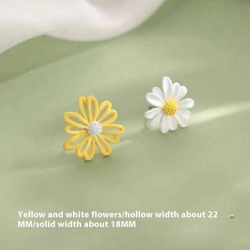 Cartoon-style flower alloy earrings in blue and orange, white and green, and yellow and white two-tone colour options