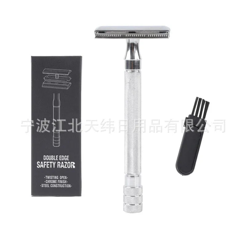 Traditional manual shaving kit with metal straight razor and shaving brush in black or silver handle options