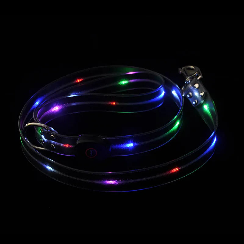 Luminous dog leash in fluorescent green with hand-holding lead and PVC rope construction on white background