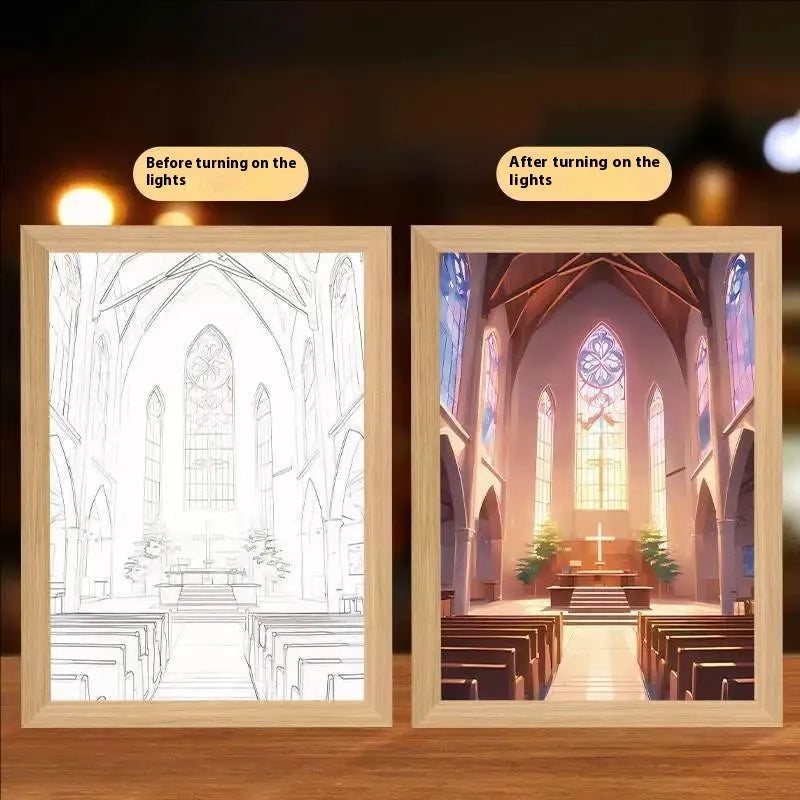 Modern rectangle LED photo frame displaying cross-themed art with interchangeable spiritual prints