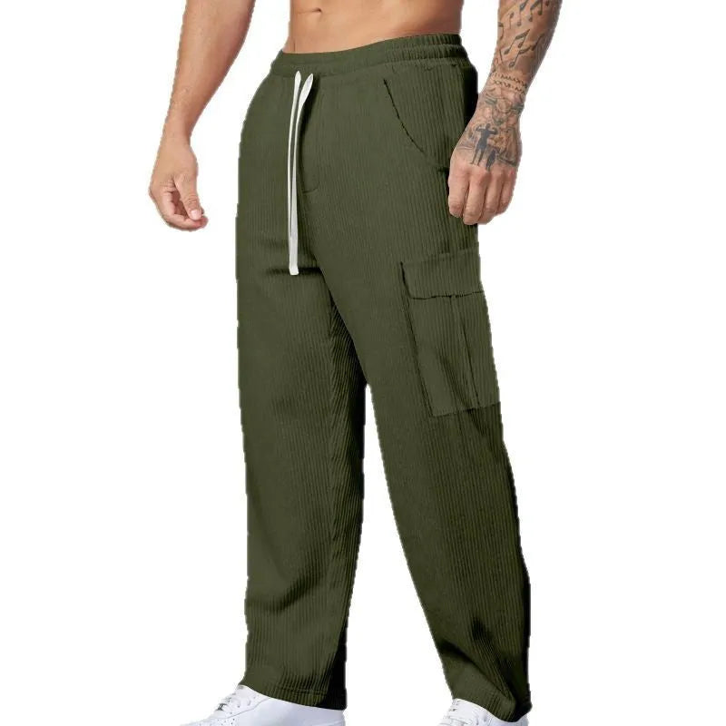 Men's straight-leg corduroy cargo trousers in navy blue with an elastic drawstring waist.