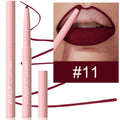 Velvet matte lip liner pencil in a case, shown with swatches of 12 different colours.