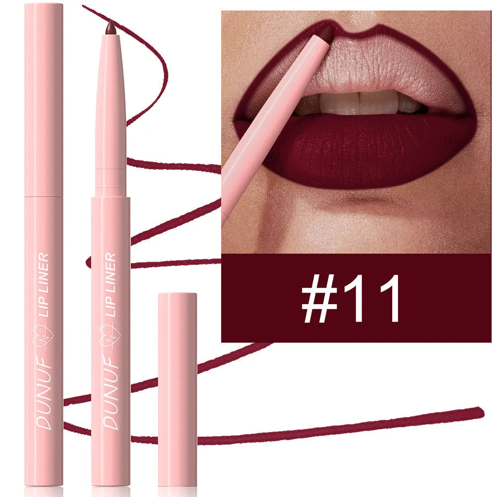 Velvet matte lip liner pencil in a case, shown with swatches of 12 different colours.