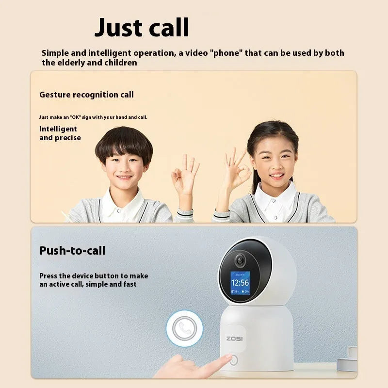 Zhou Shi wireless indoor security camera with large screen on a white plastic housing.