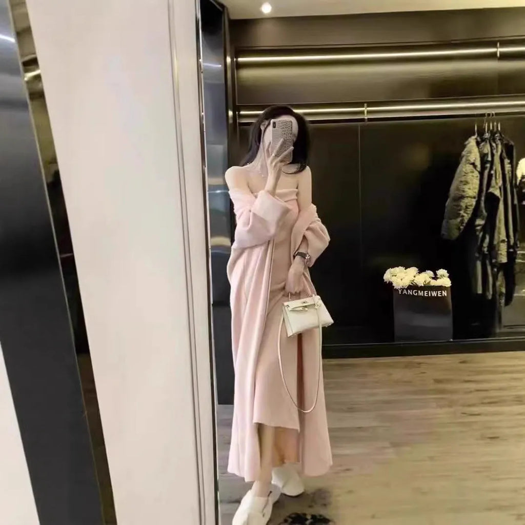 Women's grey knitted cardigan dress and coat suit set with flocking pattern detail