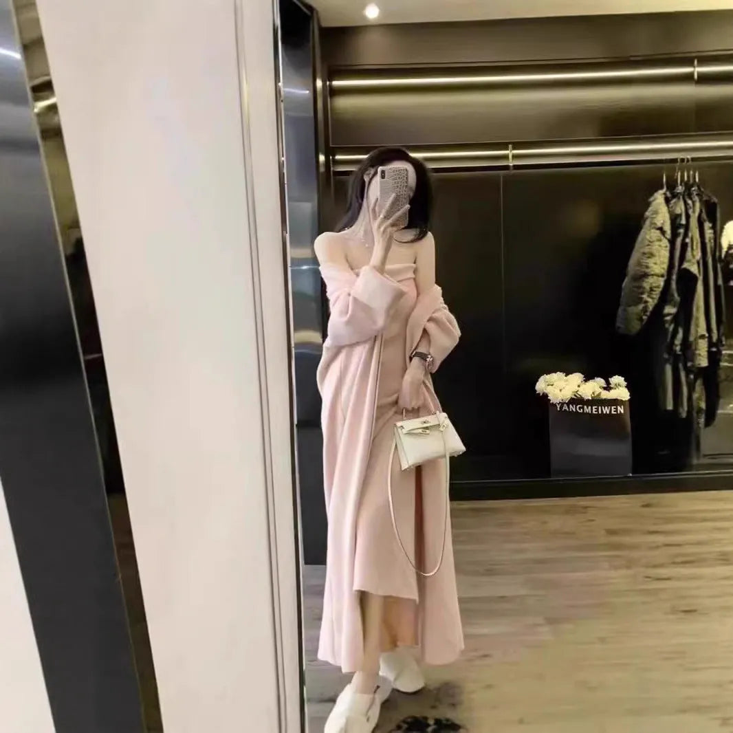 Women's grey knitted cardigan dress and coat suit set with flocking pattern detail