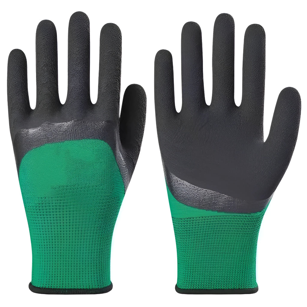 Pair of black and green wear-resistant rubber work gloves size M length 22 to 24 cm