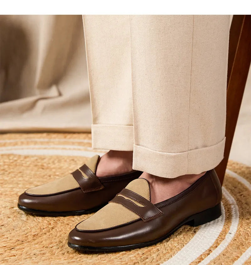 Coffee grey suede leather British-style slip-on loafers with rubber sole