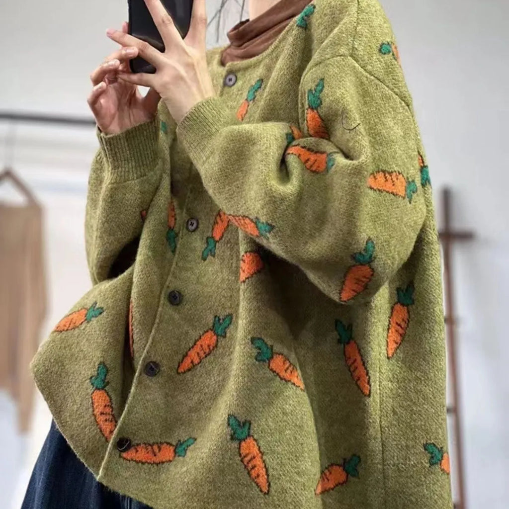 Women's loose round neck cardigan with artistic colour contrast printing, made from viscose fibre.