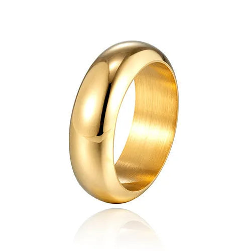 Glossy electroplated titanium steel ring shown in gold, black, and steel colour on a size chart