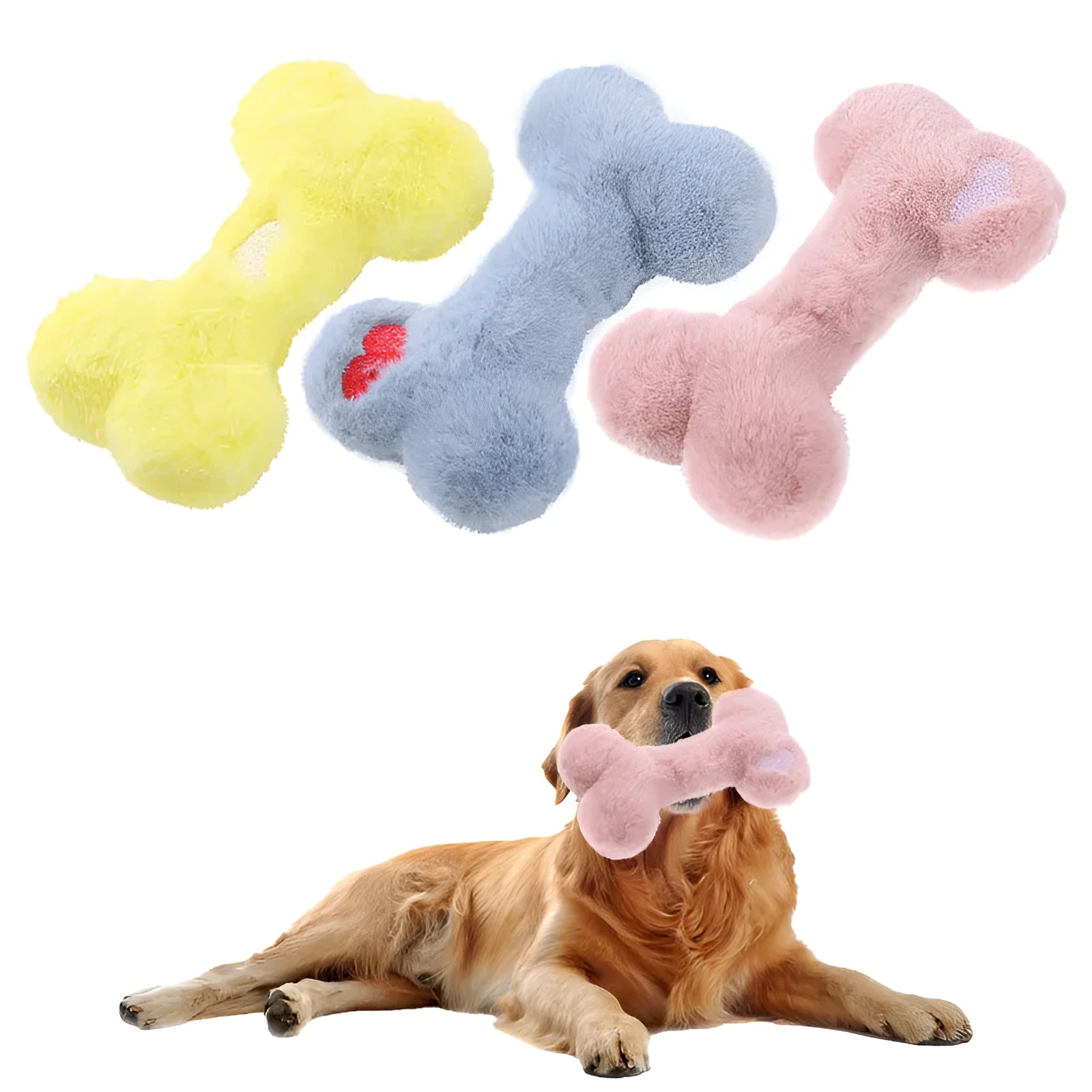 Blue plush bone-shaped dog toy with a squeaker for interactive pet play.